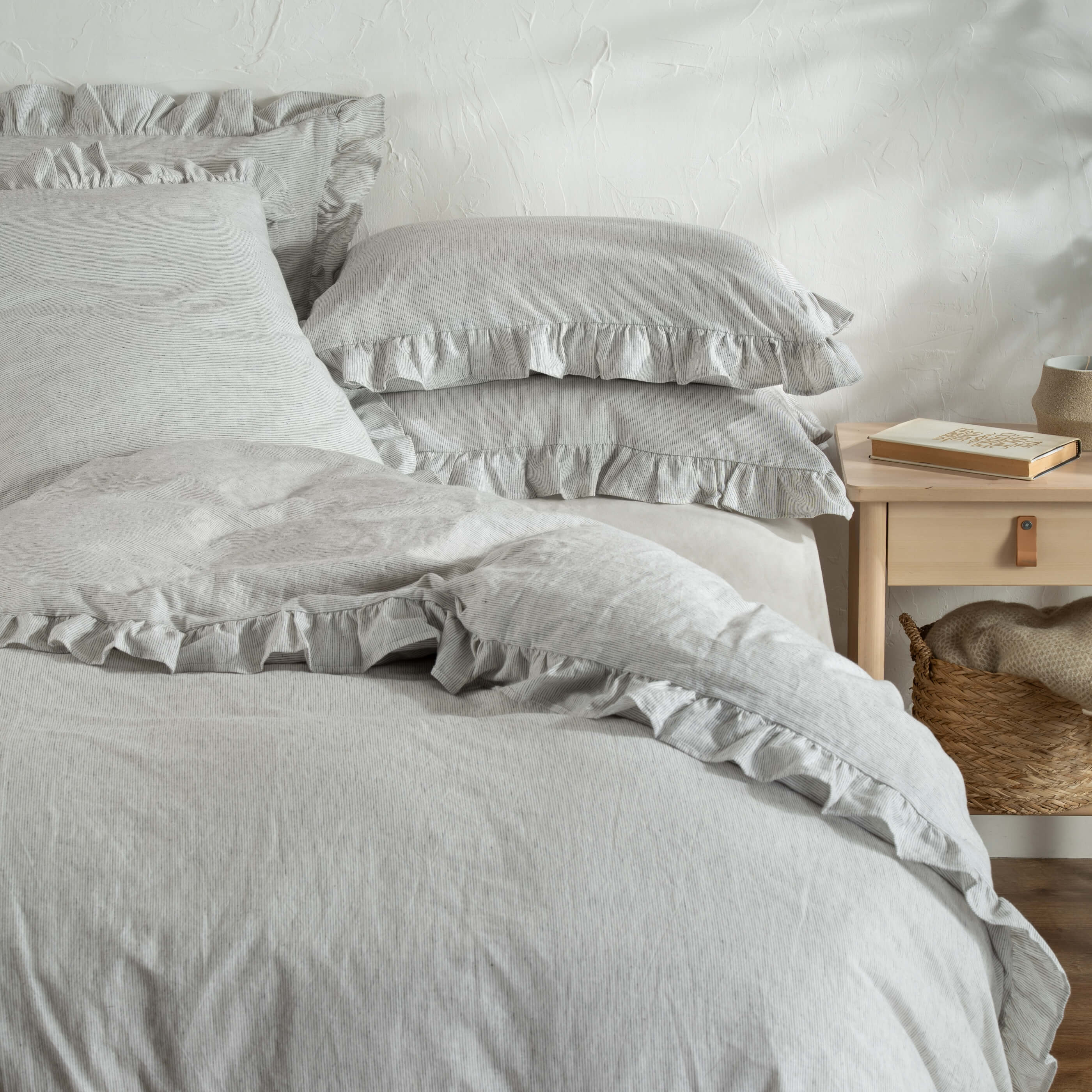 White & Grey Ruffled Linen Cotton Blend Pillowcases - Image 3