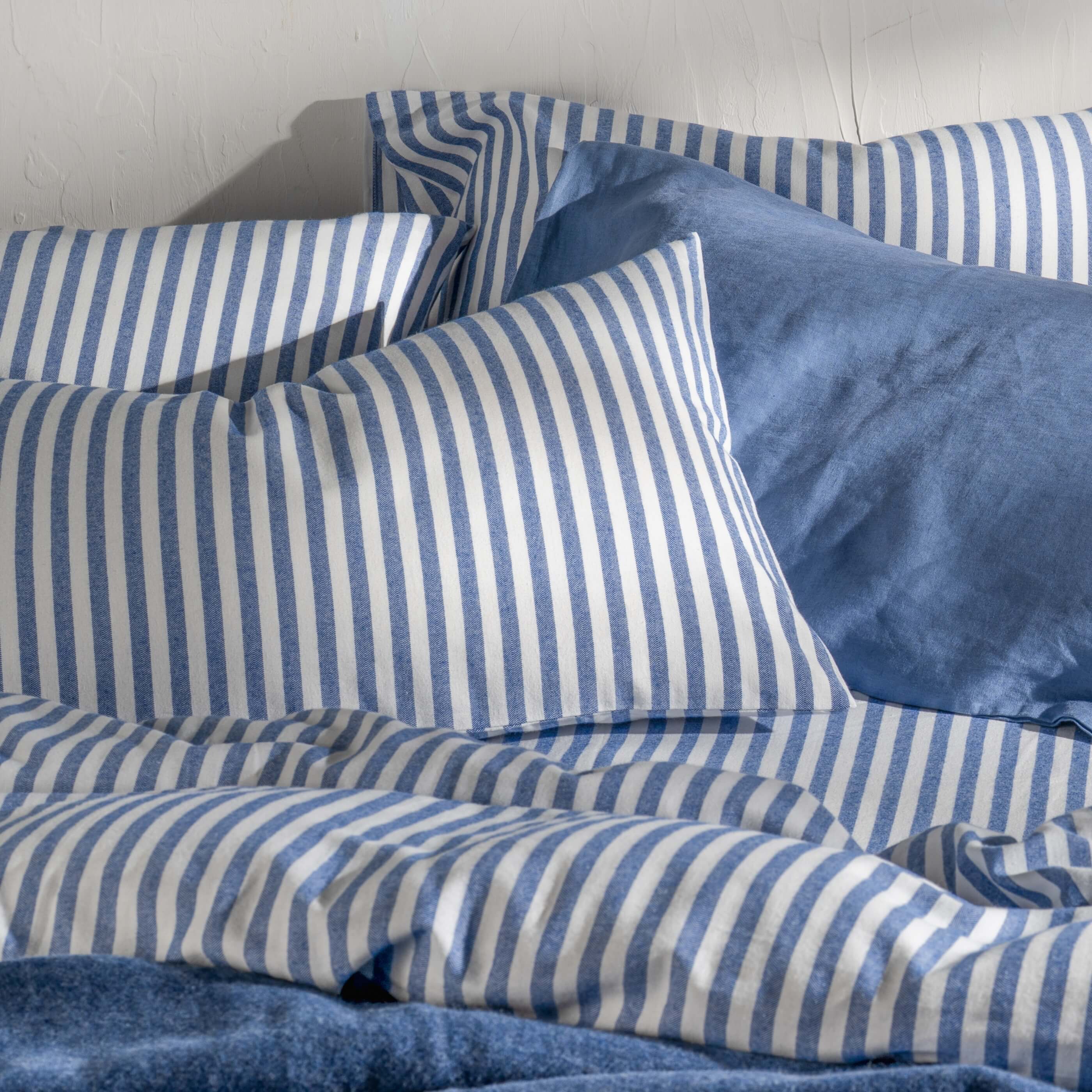 Mediterranean Blue Herringbone Stripe Cotton Pillowcases - Image 2