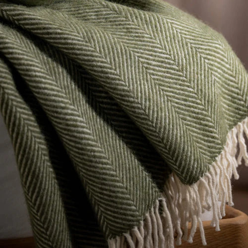 Olive Green Herringbone Pure Wool Throws & Cushions - Image 3
