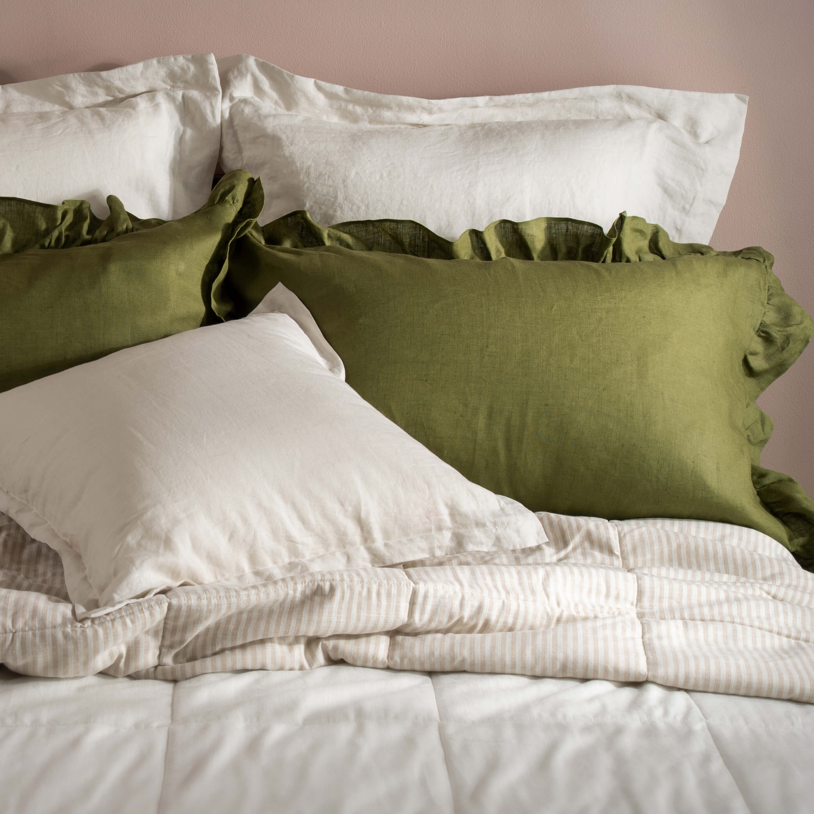 Olive Green Ruffled French Linen Standard Oxford Pillowcases - Image 2