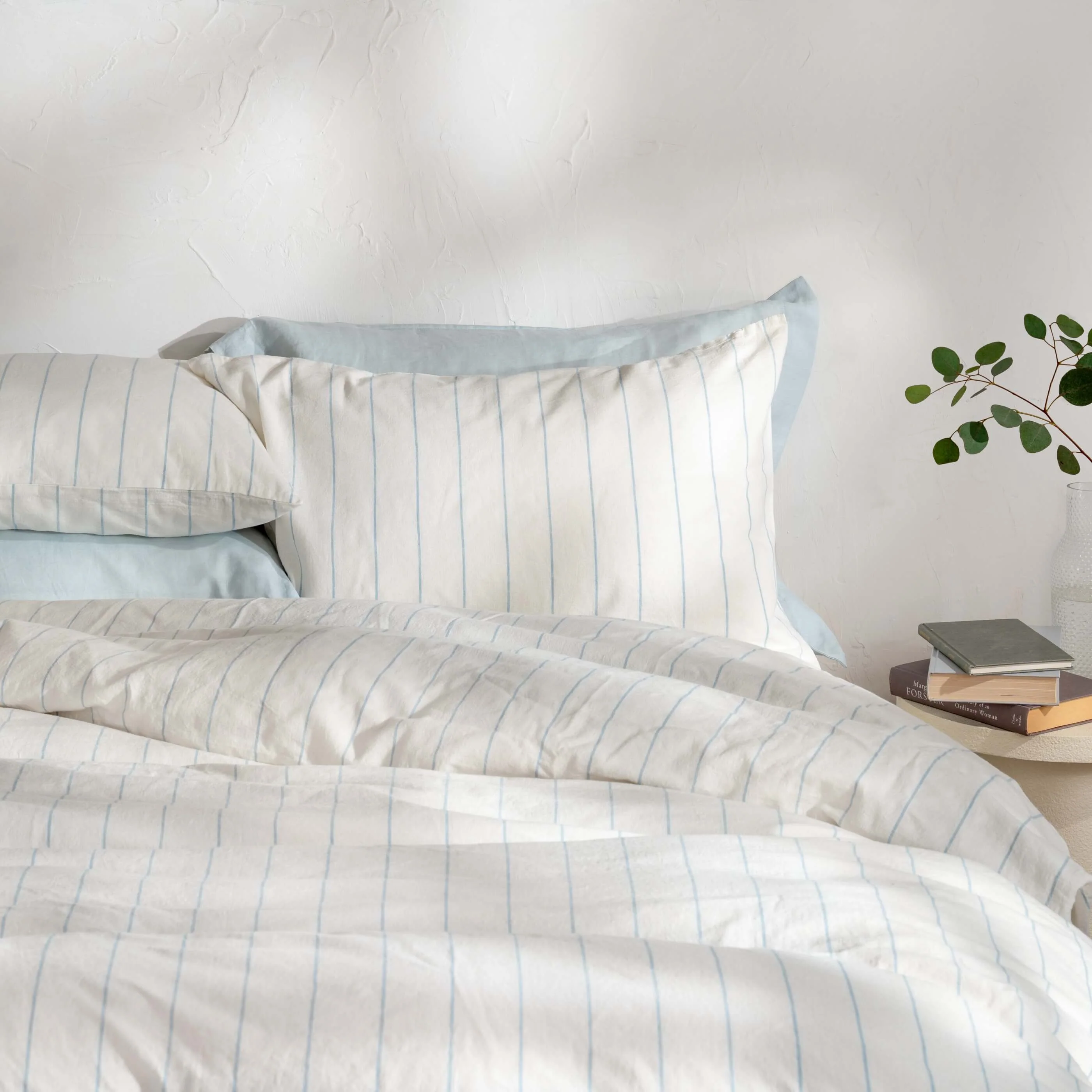 White/Blue Pinstripe Linen Cotton Blend 30cm Standard Fitted Sheets - Image 2
