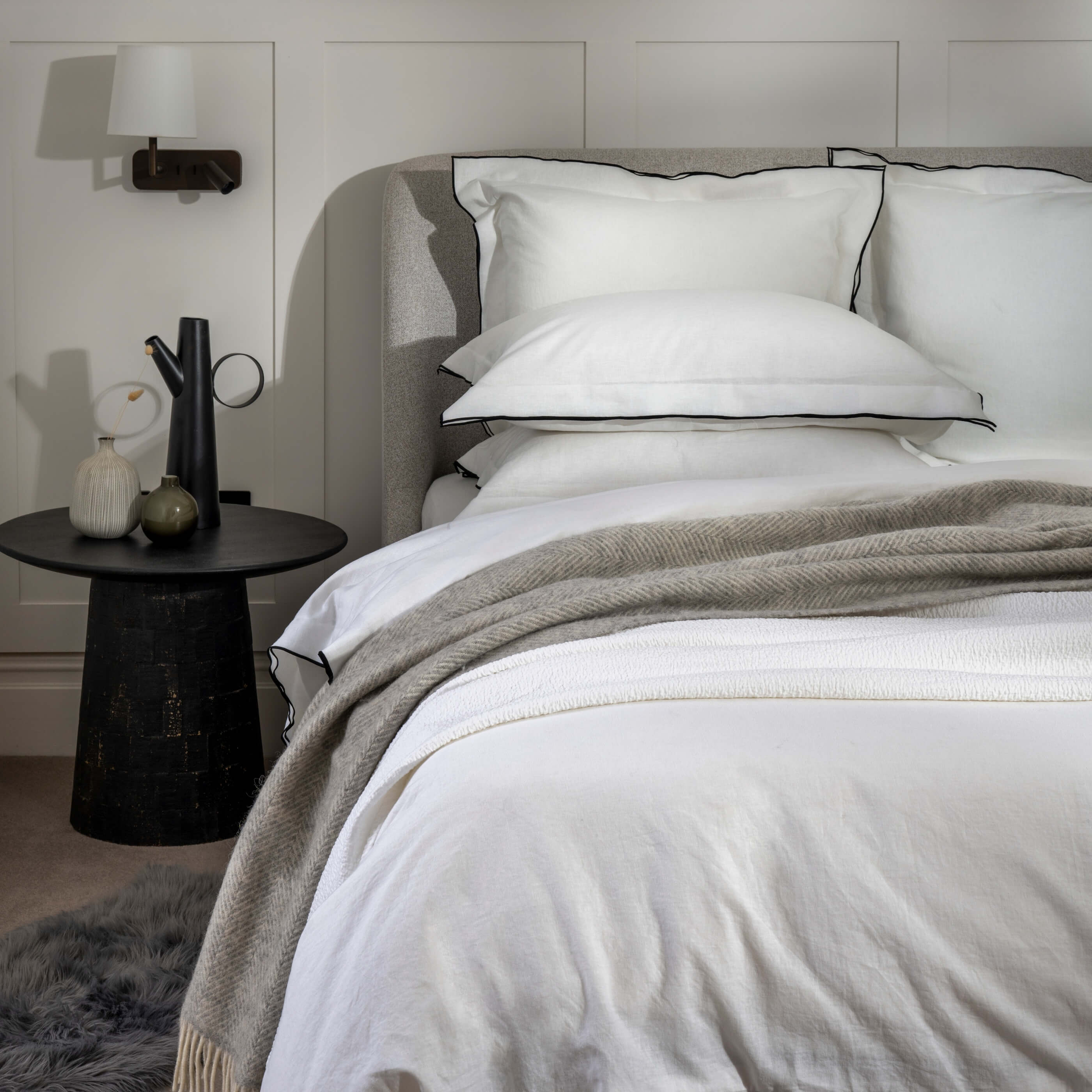 White/ Charcoal Overlocked Edge Linen & Cotton Blend Pillowcases - Image 2