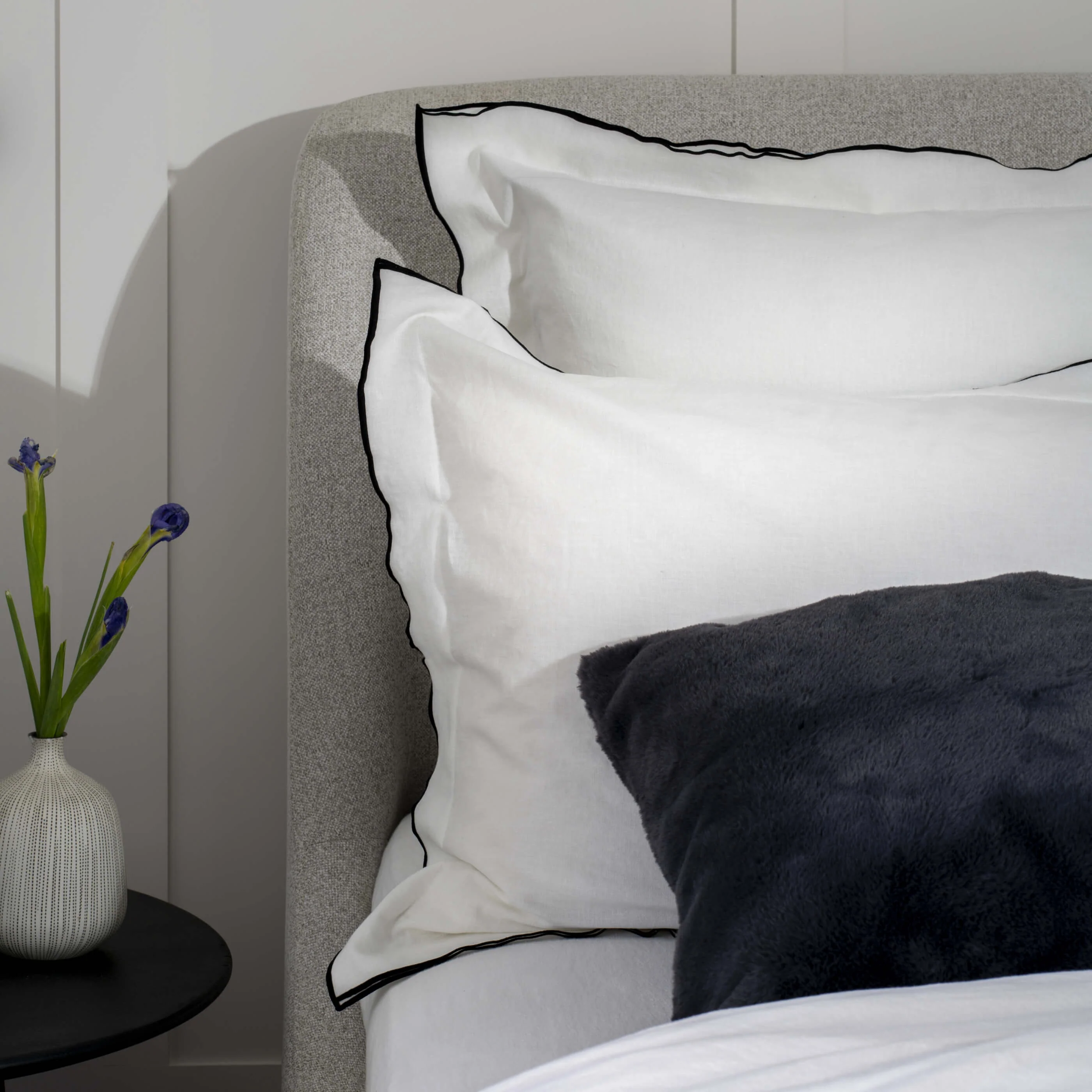White/ Charcoal Overlocked Edge Linen & Cotton Blend Pillowcases - Image 3