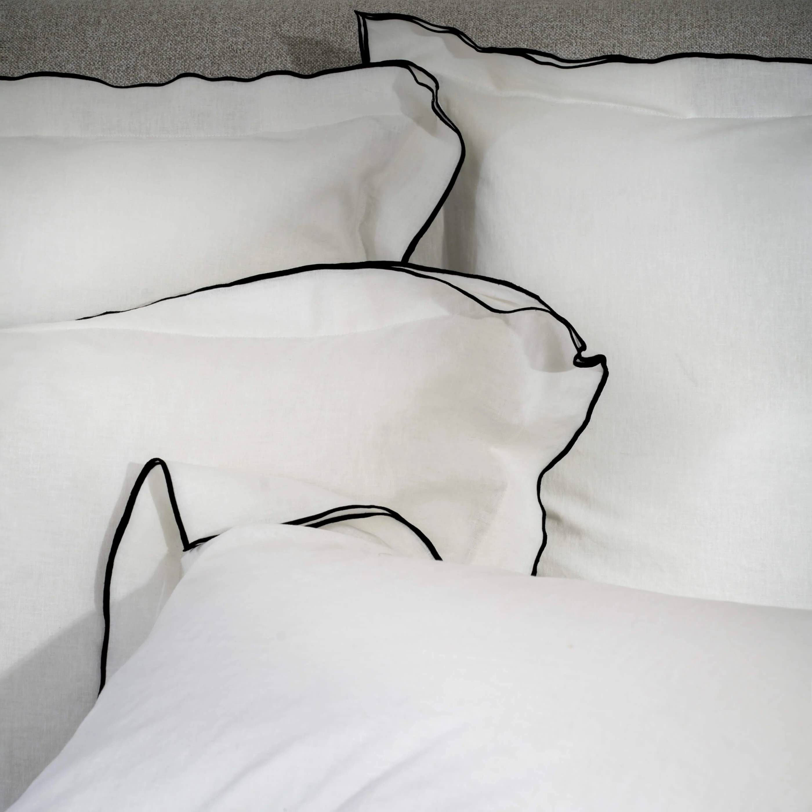 White/ Charcoal Overlocked Edge Linen & Cotton Blend Pillowcases - Image 4
