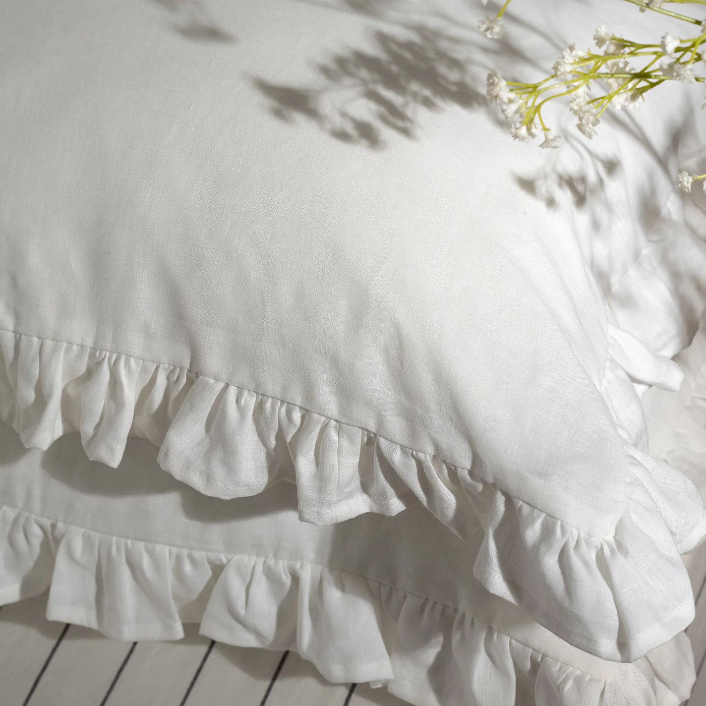 White Ruffled Linen Cotton Blend Bedding - Image 4
