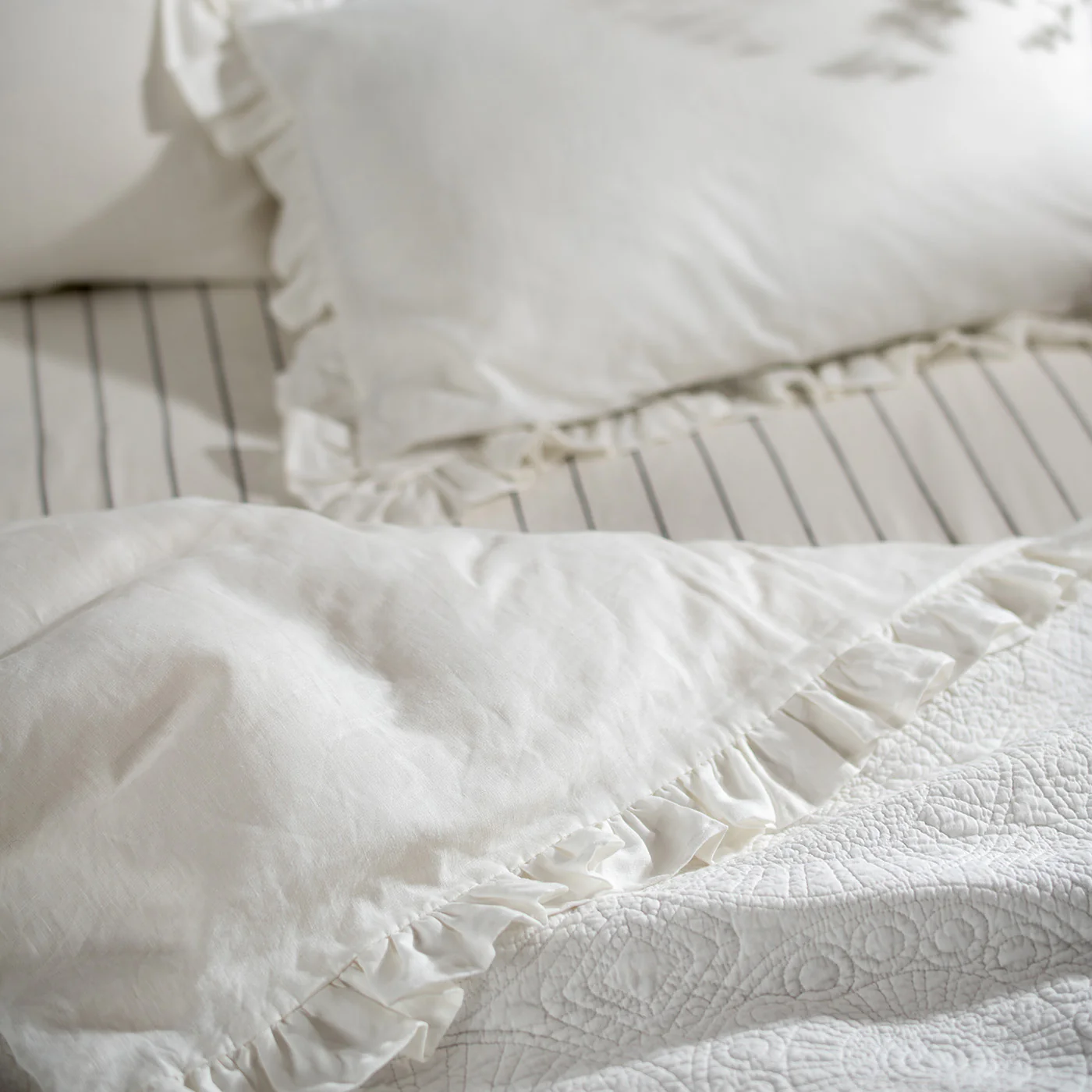 White Ruffled Linen Cotton Blend Bedding - Image 3